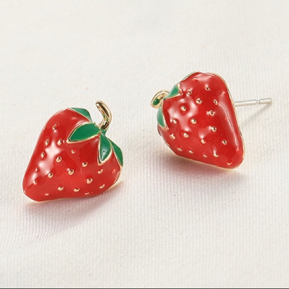 Jewelry - Enamel strawberry stud earrings gold BEAUTIFUL NEW